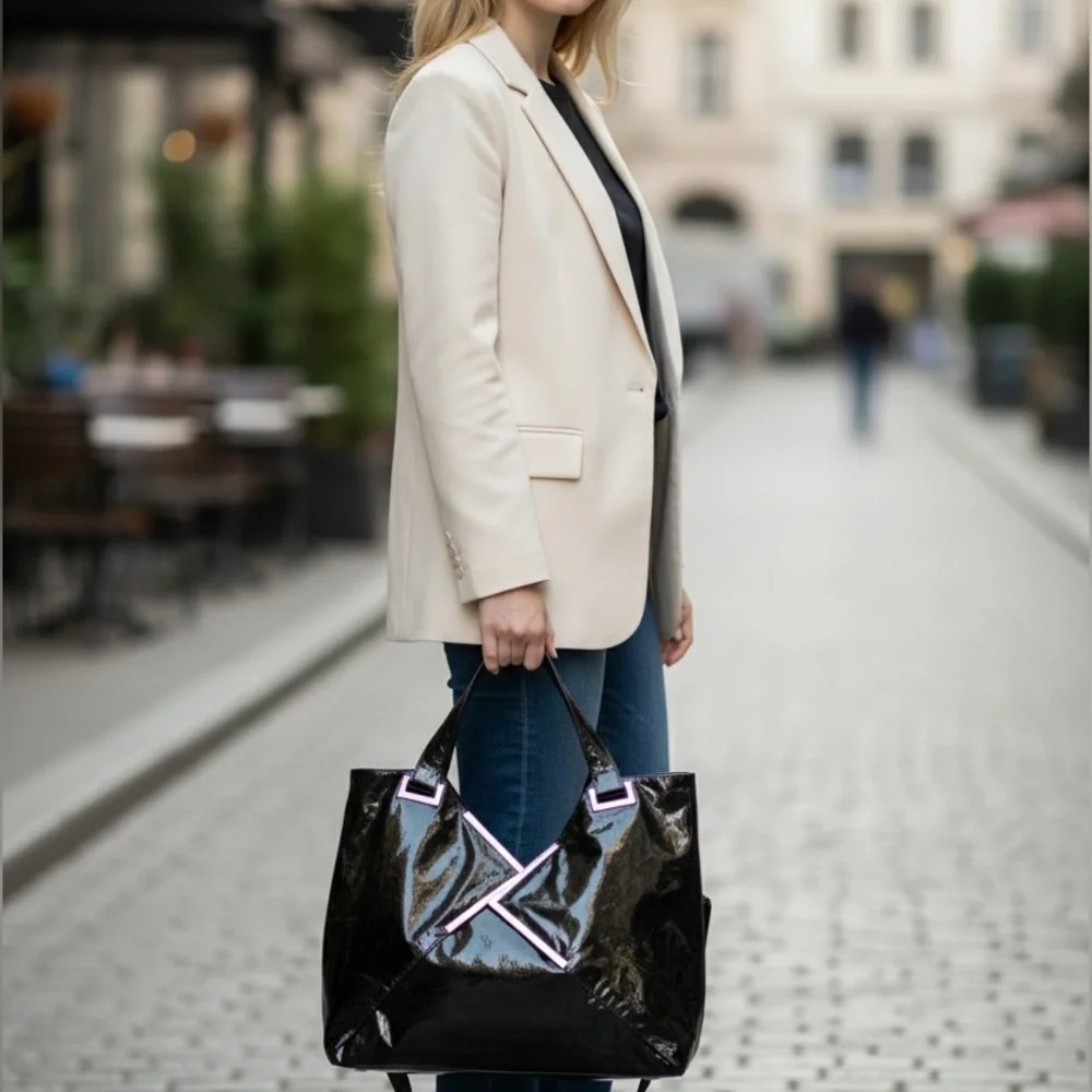 KOOBA black patent leather satchel bag. Top Double zipper. Shiny metallic trim